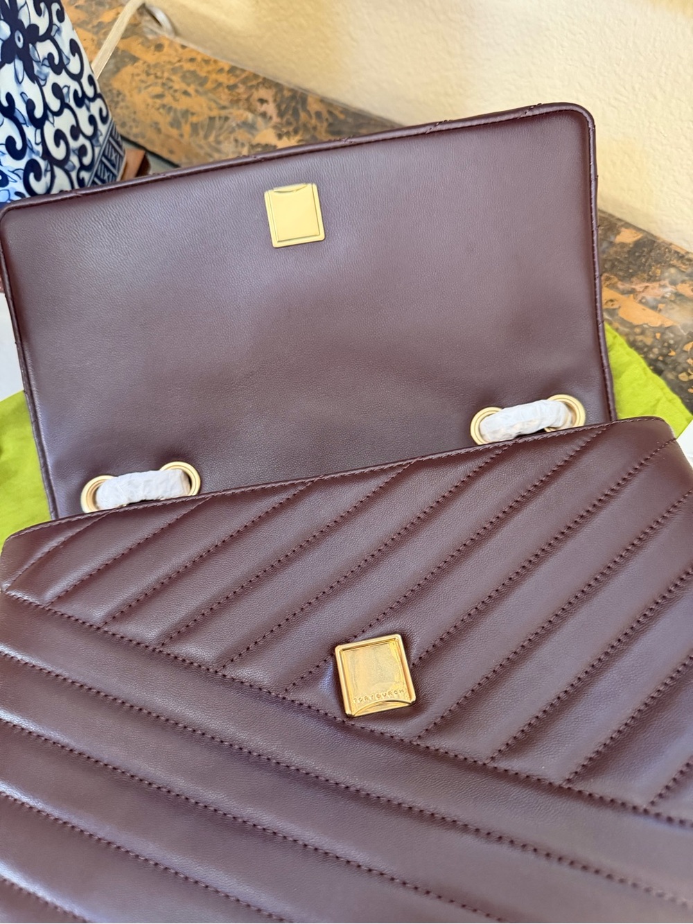 Tory Burch Quilted Chevron Leather Shoulder Bag in Dark Brown/Burgundy - Picture 7 of 16